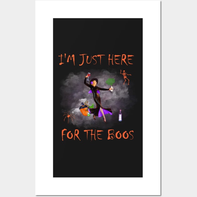 Im Just Here For The Boos - Funny Witch Drinking Wine Wall Art by sarahwainwright